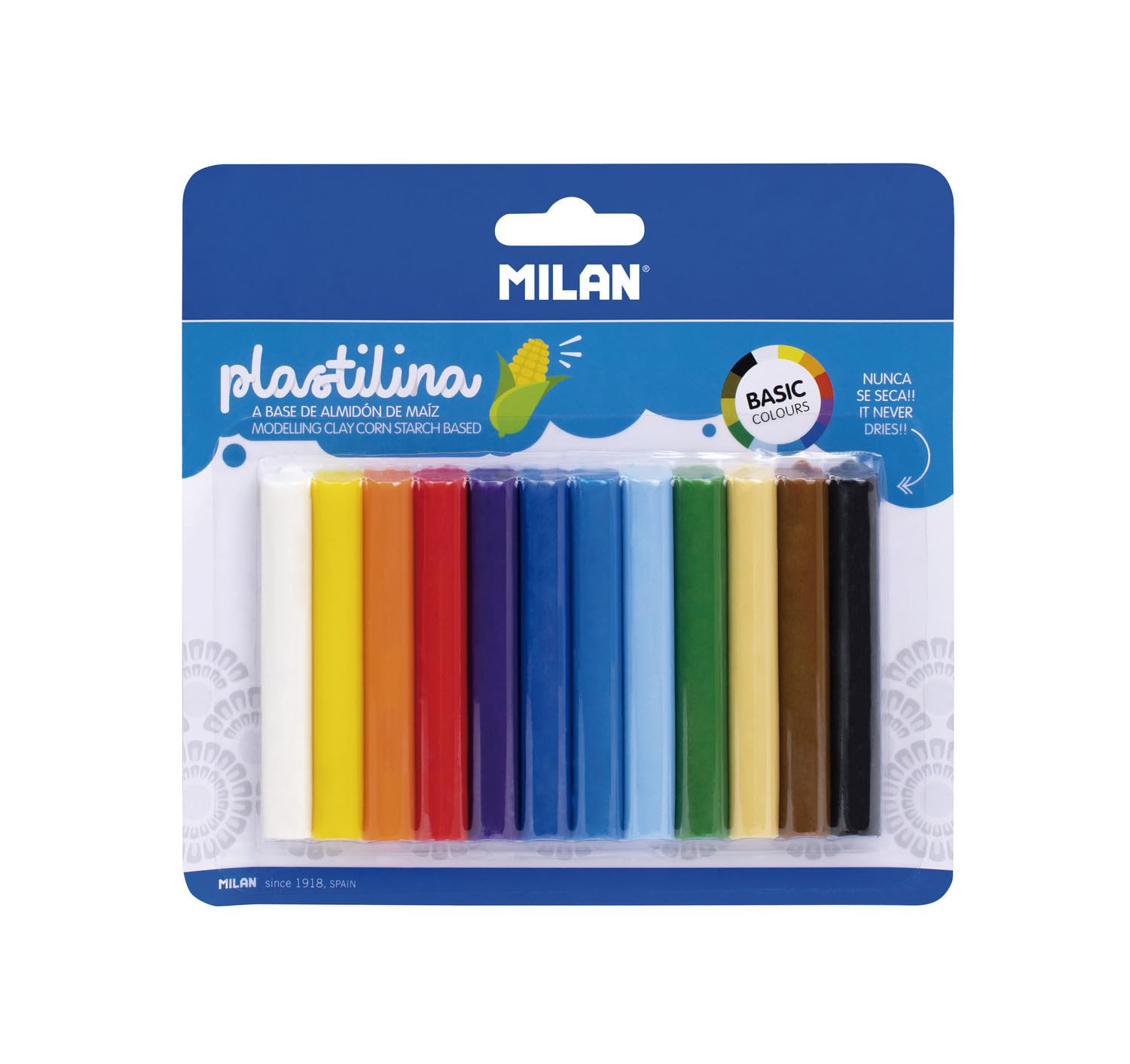 MILAN-12 barritas plastilina (140 g), Color Azul, Verde, Naranja, Violeta, Blanco (FACTIS, S.A. 914712)