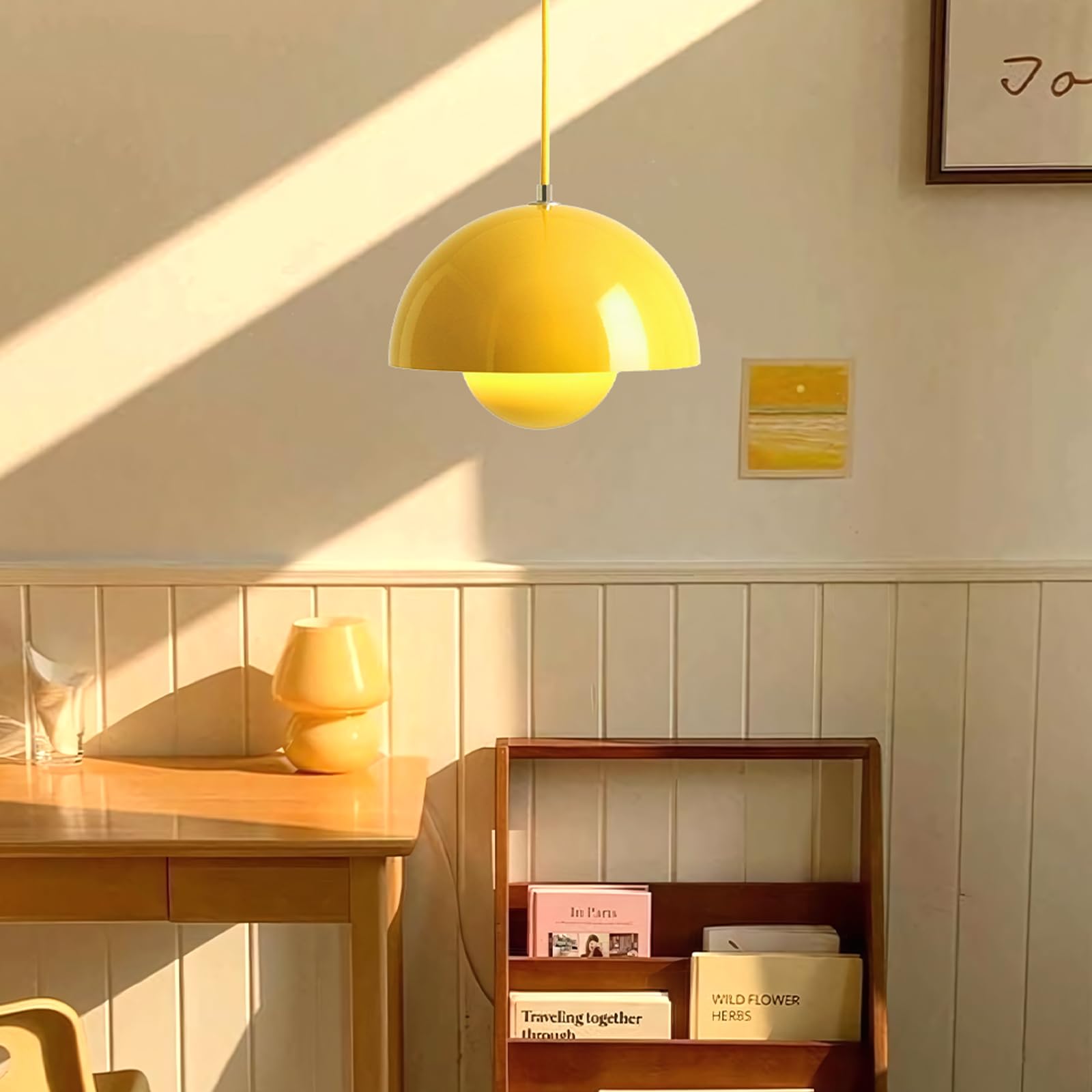 Nowoczesna i minimalistyczna metalowa lampa wisząca z gałką kwiatową do salonu, sypialni, jadalni, kuchni, gwintu E27 (żółta, 23 x 16 cm)