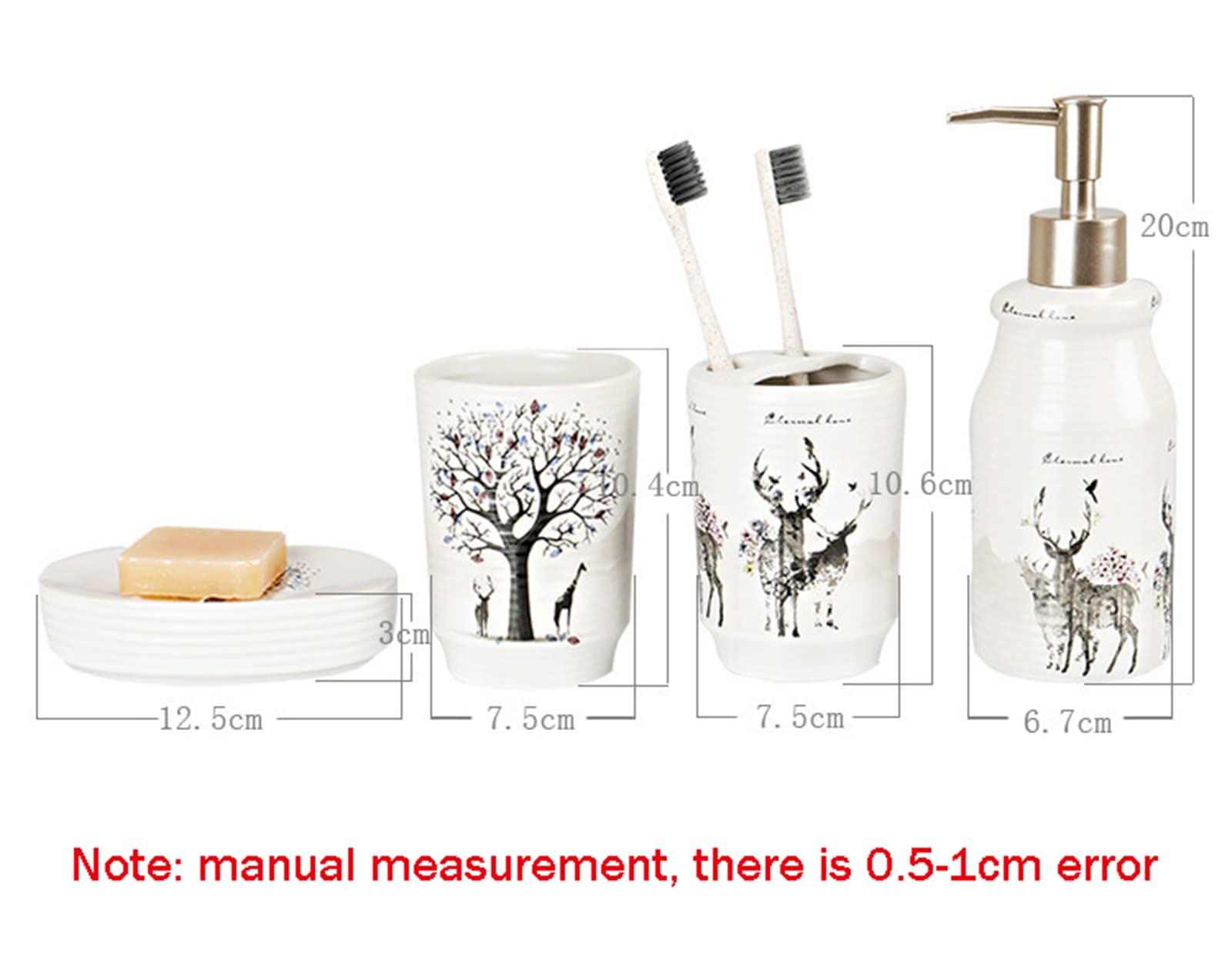 Juego de 4 dispensadores de jabón para baño y Soporte para cepillos de Dientes, con dispensador de loción de cerámica, Porta Cepillo de Dientes, Vaso y jabonera -Blanco