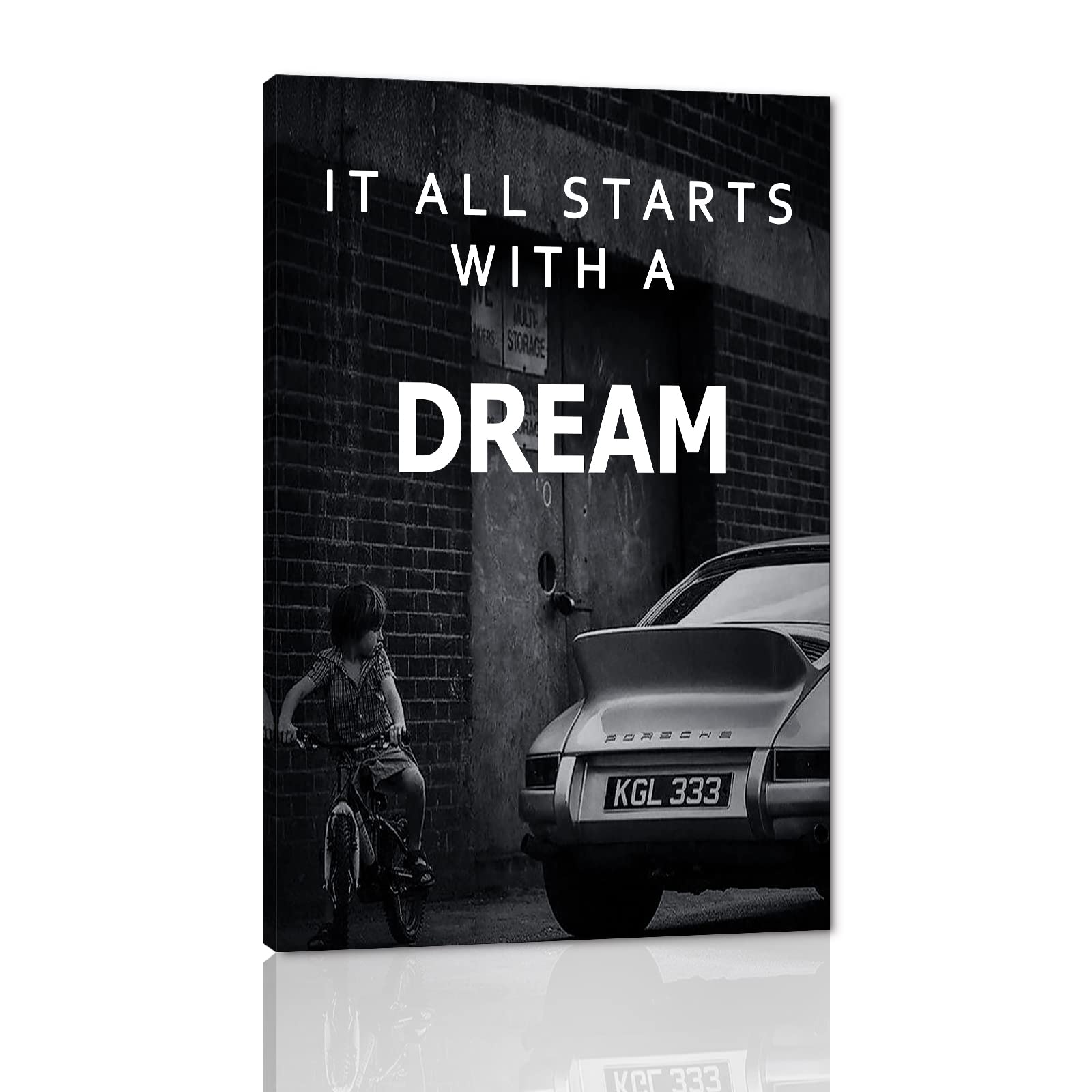 BPA Motivational Office Quote Verb-It All Starts with A Dream Inspirational Office Wall Art Littile Boy and Car Wall Pictures HD Print Modern Home Decor Study Room Wall Hangings Framed-24x36 in