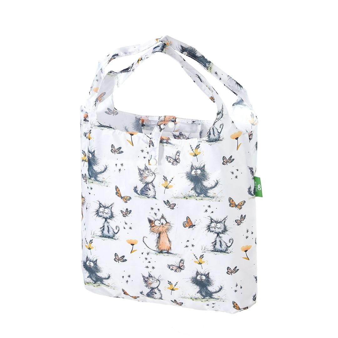 ECO CHIC Lightweight Foldable Reusable Shopping Bag Water Resistant Tote Bag (Whimsy Cats White) — image 1