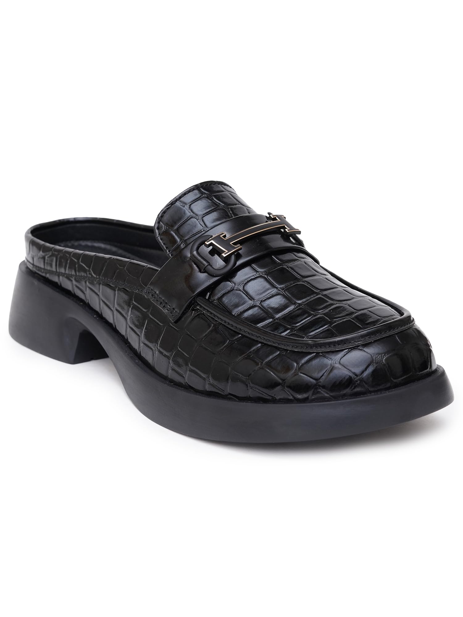 sherrif Women's Croc-Textured Mules with Metal Buckle | Slip-On Backless Loafers with Block Heel for Chic Party & Office Wear-picture-23