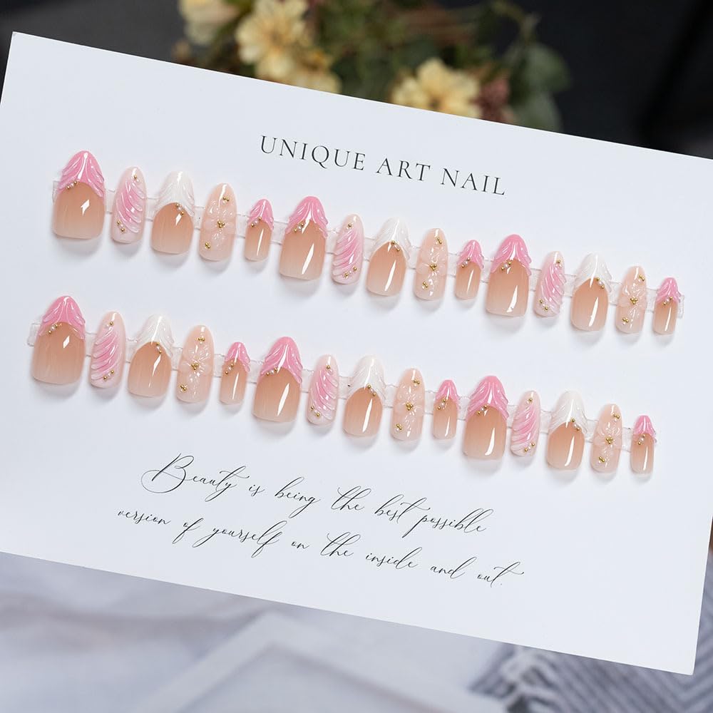 Press On Nails White French Pink 3D Flower Length Medium Almond, Gold Pearl French Floral Design Stick On Fake Nails, Reusable Thick Acrylic False Nail for Wome Gift Kit, 15Size - 30Pcs