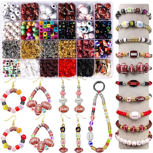 1800+PCS Football Beads Jewelry Making Kit Acrylic & Polymer Clay Sports Charms Heishi & Spacer Beads Letter/Number Beads DIY Football Bracelets Necklaces Keychains Lanyards Sport Fan Crafts
