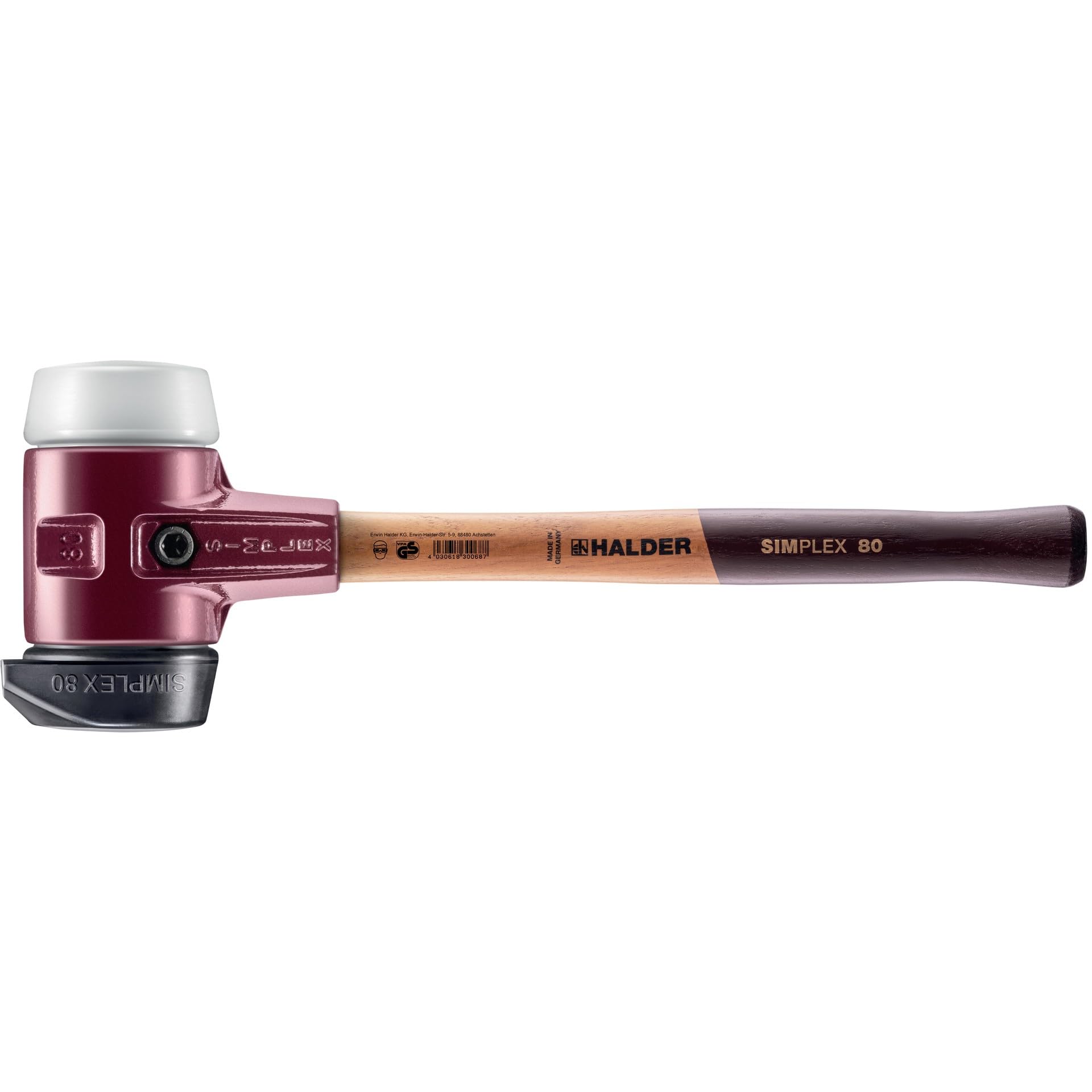 SIMPLEX-Schonhammer, Gummikomposition, mit Standfuß/Superplastik; mit Tempergussgehäuse und hochwertigem Holzstiel | D=80 mm | 3027.280