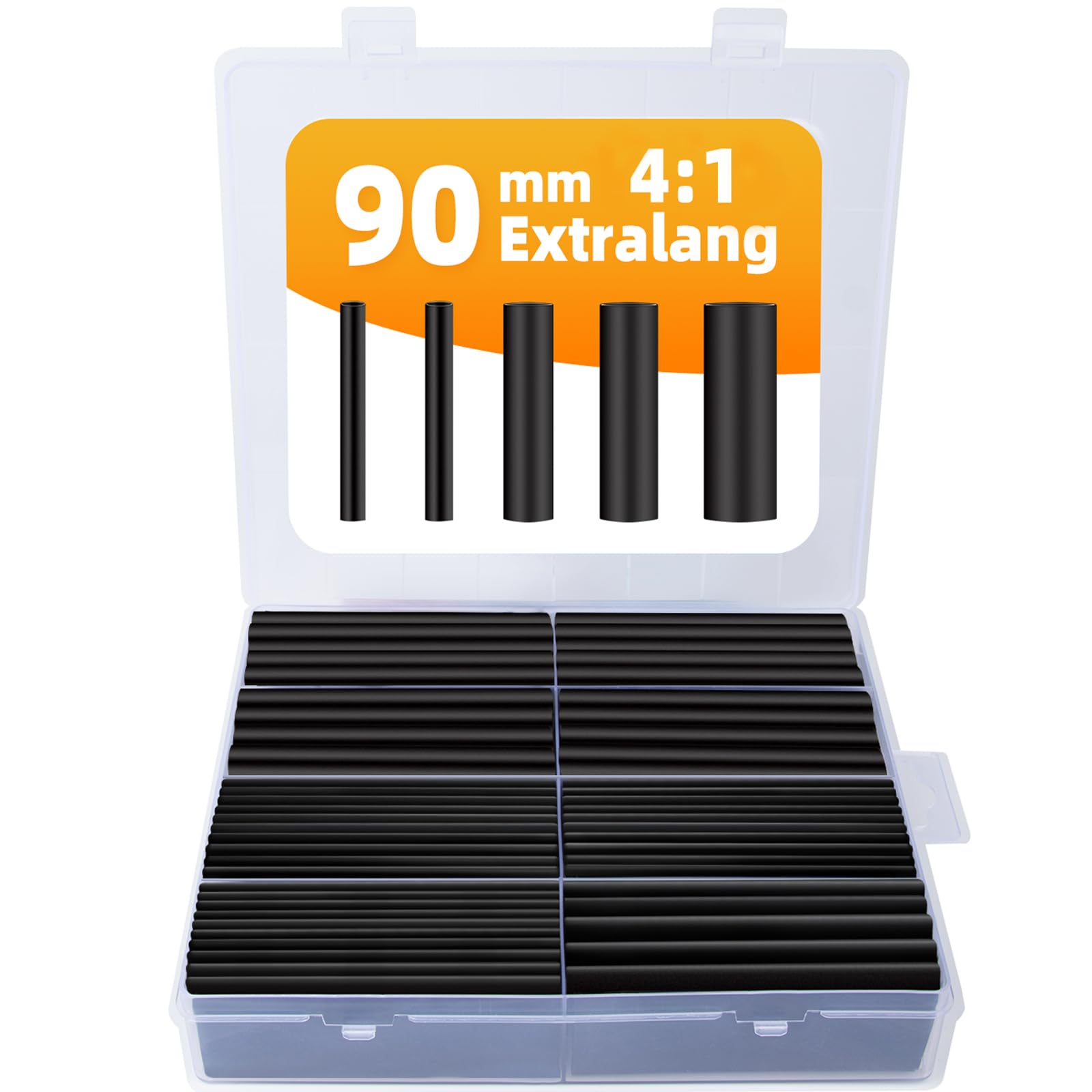 damoguin 90mm Extra lange Schrumpfschlauch-Set, 4:1 Wasserdicht Schrumpfschlauch mit Kleber, Heat Shrink Tube, Isolierschlauch-Sortiment mit 5 verschiedenen Größen（schwarz, 100 Stück）