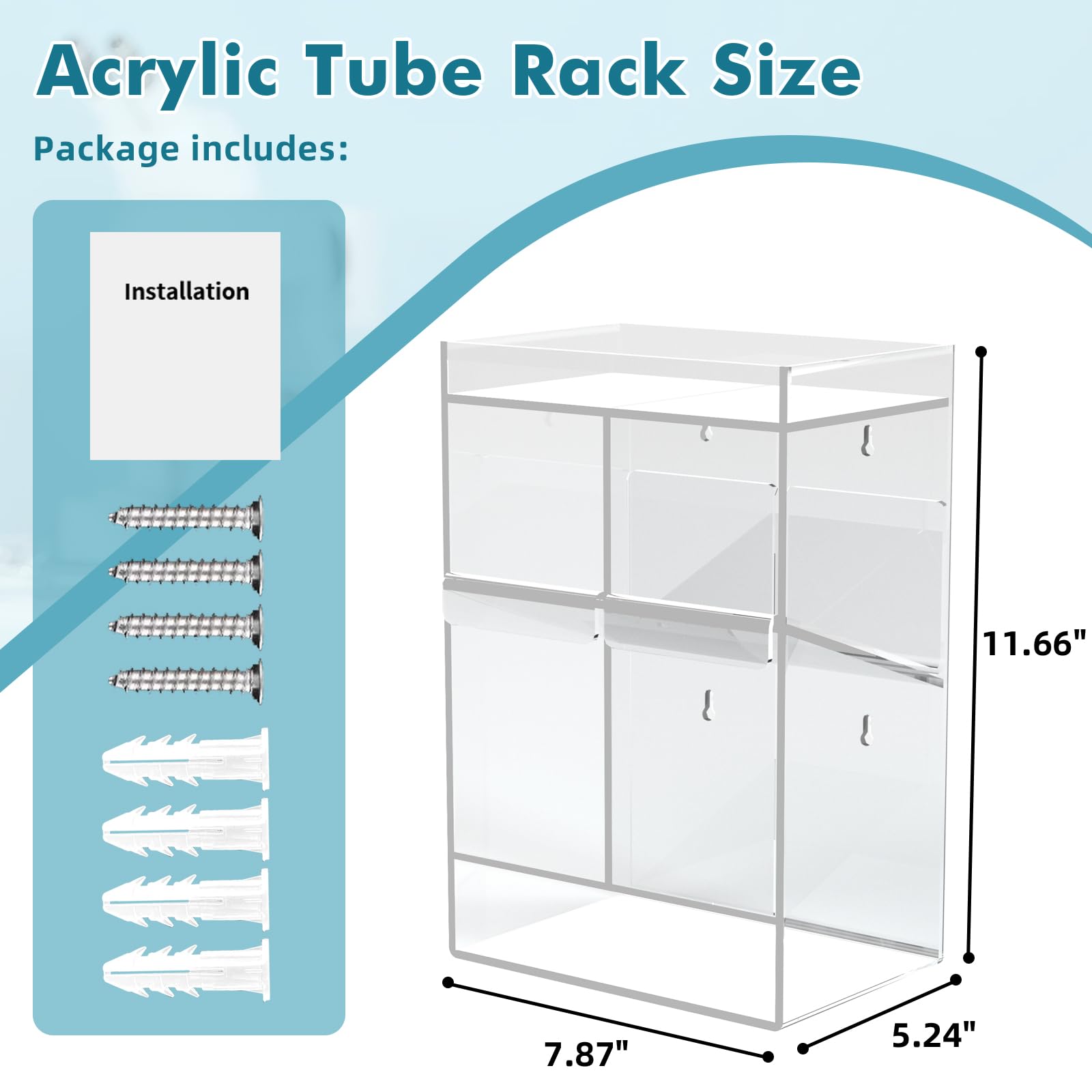 Estante acrílico para tubos de ensayo, soporte organizador transparente con 4 compartimentos, almacenamiento inferior adicional y 2 bandejas extraíbles, montaje en pared o encimera para laboratorio