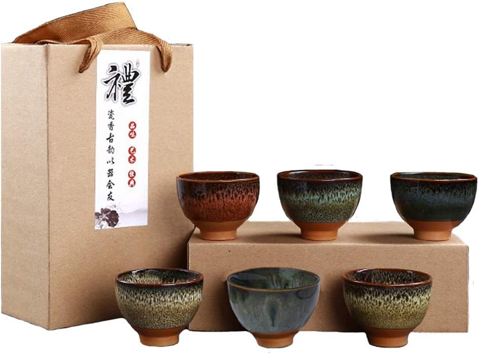 Mtoye 6PCS Handmade Chinese Small Ceramic Tea Set Sake Cups Set of 6，2.5oz 6 Colors Pottery Teacups