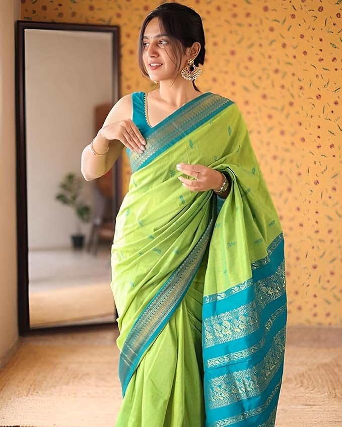 Image of Pure Kalyani Cotton Saree | Zari Border & Blouse Piece - Lata Gadwal Design | Traditional Saree