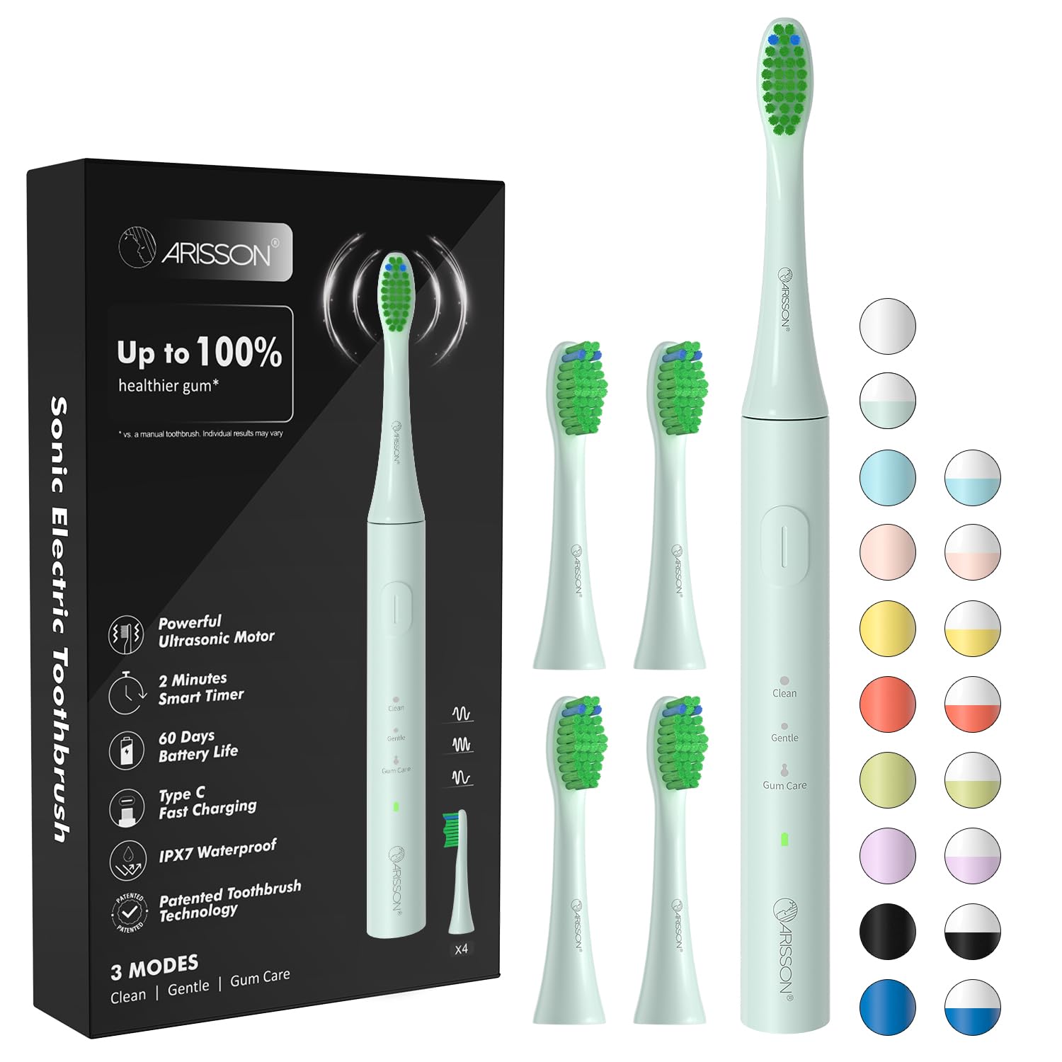 ARISSON Sonic Electric Toothbrush for Adults and Kids, 40,000 VPM Power Toothbrush, 1.5H Fast Charge Ultrasonic Electric Toothbrushes with 2 Minutes Smart Timer, 1.6 Oz Travel Toothbrush, Powder Blue