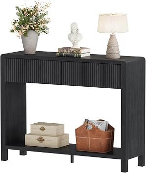 FATORRI Console Entryway Table, Modern Sofa Table with 2 Drawers for Living Room, 39.37 inch Narrow Wood Hallway Tables and Couch Tables Behind Sofa for Small Space Black