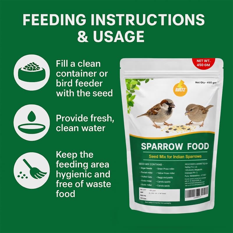 Image of Boltz Premium Sparrow Food, Natural Mix of Seeds & Grains, Daily Nutrition for House Sparrows & Wild Birds, Rich in Protein, Fiber & Vitamins, Clean, Fresh & Easy to Digest (450 Gram)