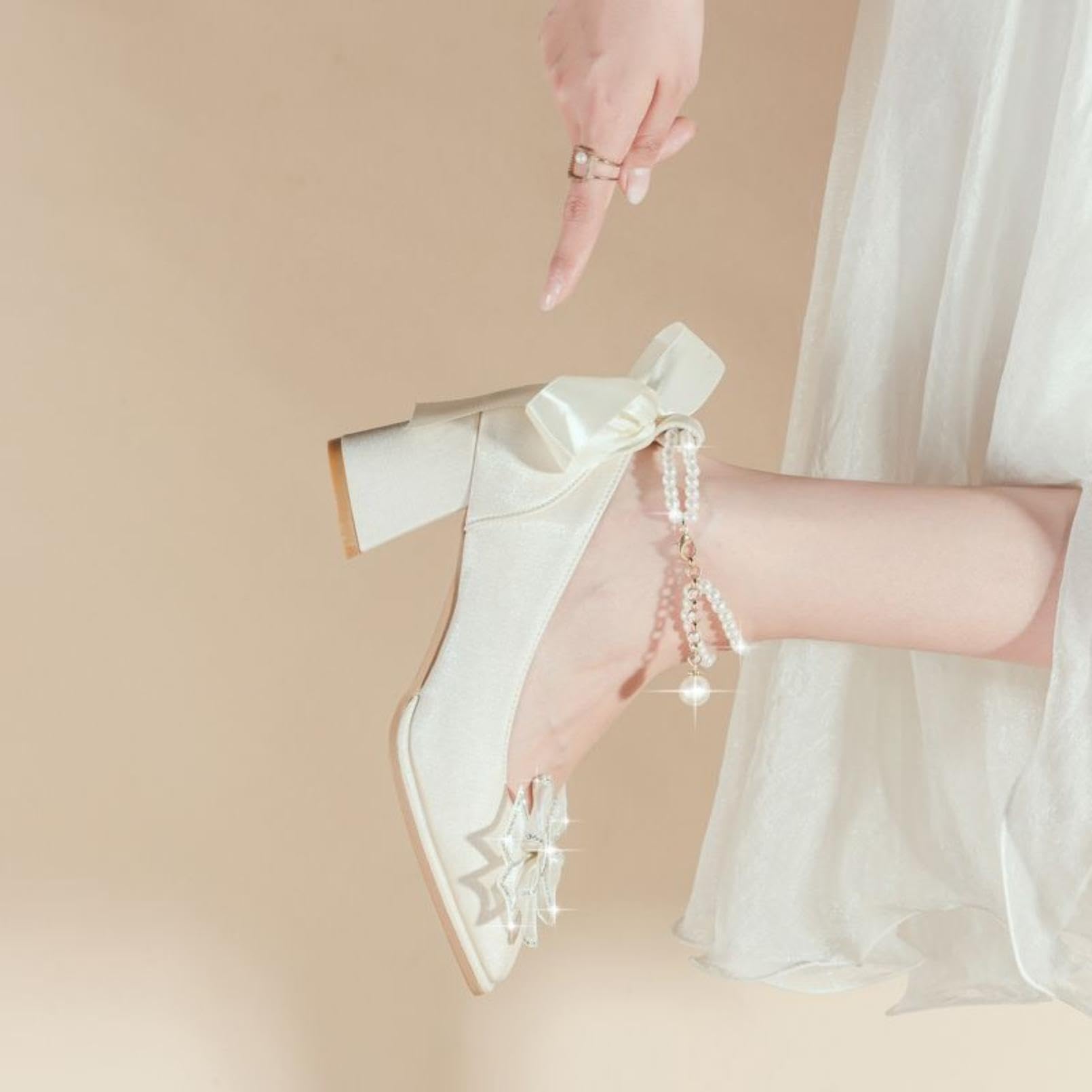 Generico Scarpe da Damigella in Raso con Punta Quadrata da Donna | Tacco A Blocco Spesso Scarpe Da Vestito Da Sposa Con Fiocco Strass, Perle Cinturino Alla Caviglia Scarpe Da Cerimonia