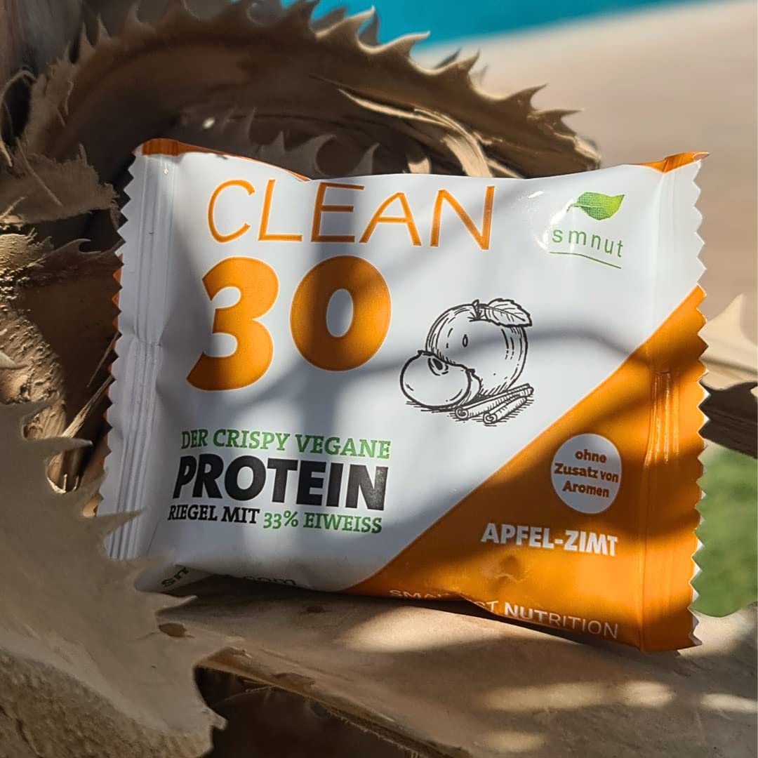Chrupiący bio-baton proteinowy z 33% białka | cynamon jabłkowy CLEAN30 | bez aromatów, bez substancji słodzących | wegański, wysokowęglowodanowy | prawdziwy smak z naturalnych składników | opakowanie 12 szt