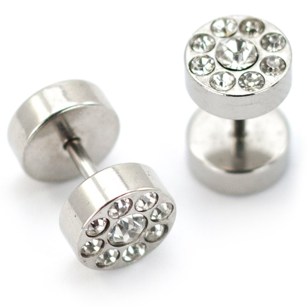 Pierce2GO'Pierce2GO 16G Stainless Steel Screw Faux Fake Earrings Plugs with Clear Stones Mens Womens Stud Earrings Ear Tunnel 1/4'' Barbell'