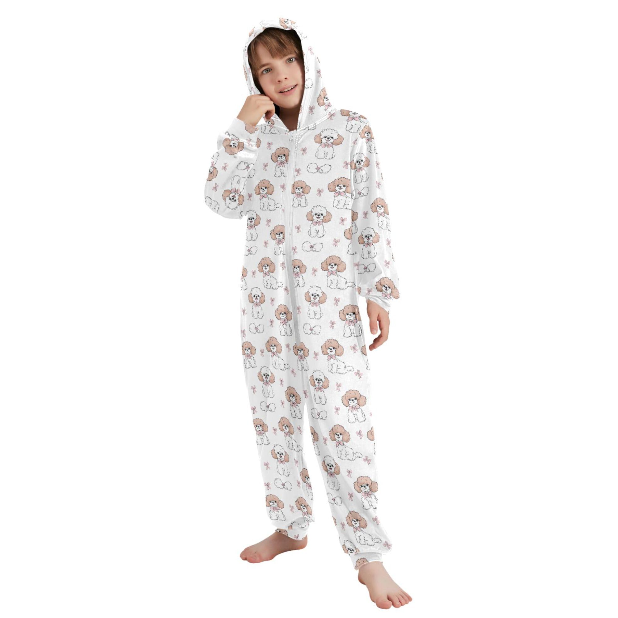 ALAZA Pigiama intero in flanella con cappuccio e cerniera, tuta coordinata per bambini, morbida e calda, abbigliamento sportivo per la casa, 5-6T
