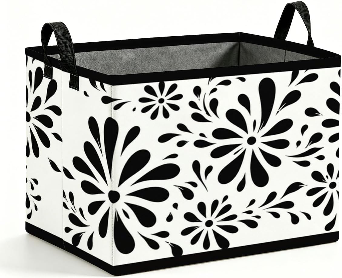 56L Storage Basket with Black Floral Silhouette Foldable Laundry Hamper