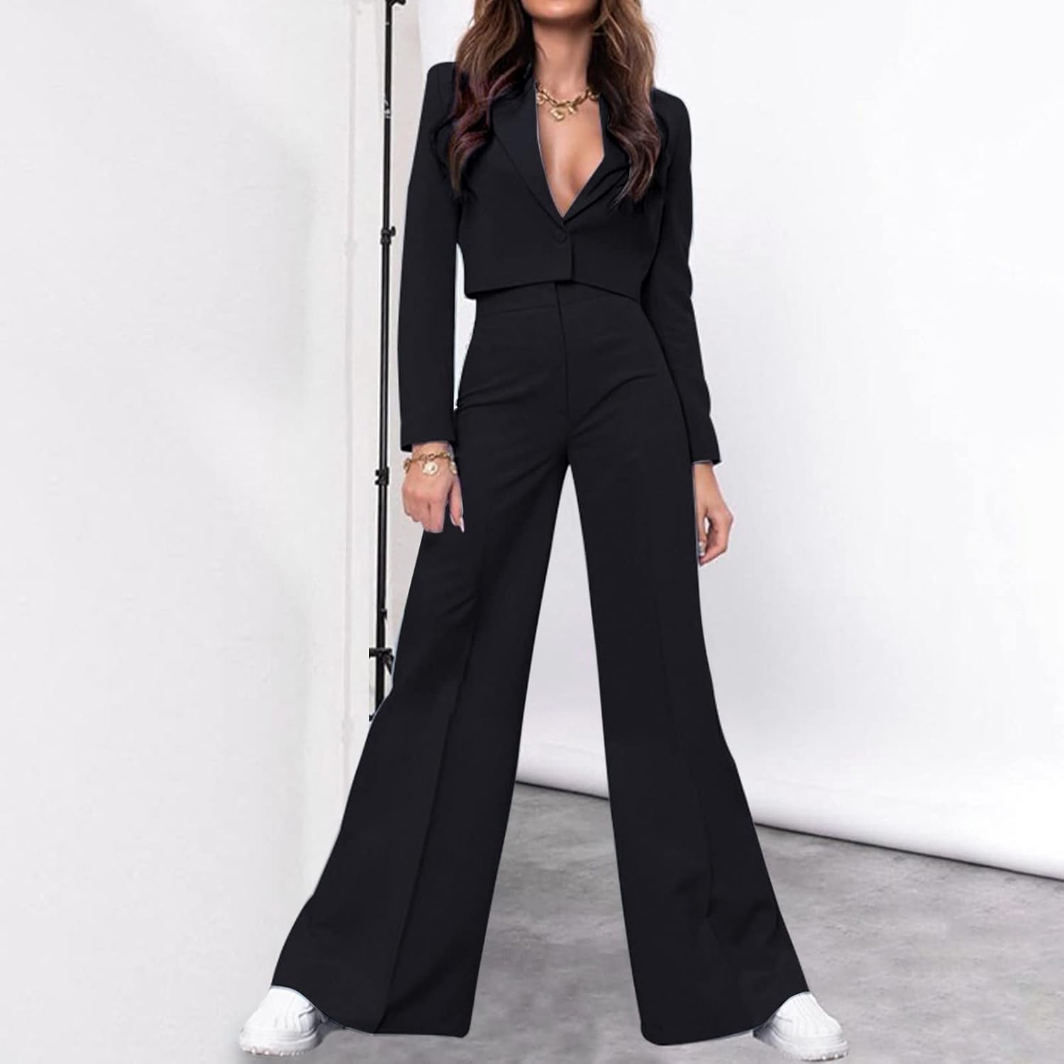 ZYXTIM Womens Fashion Suit Sets for Work Professional Long Sleeve Blazer High Waist Wide Leg Pants Set Lady Office Suits Sets