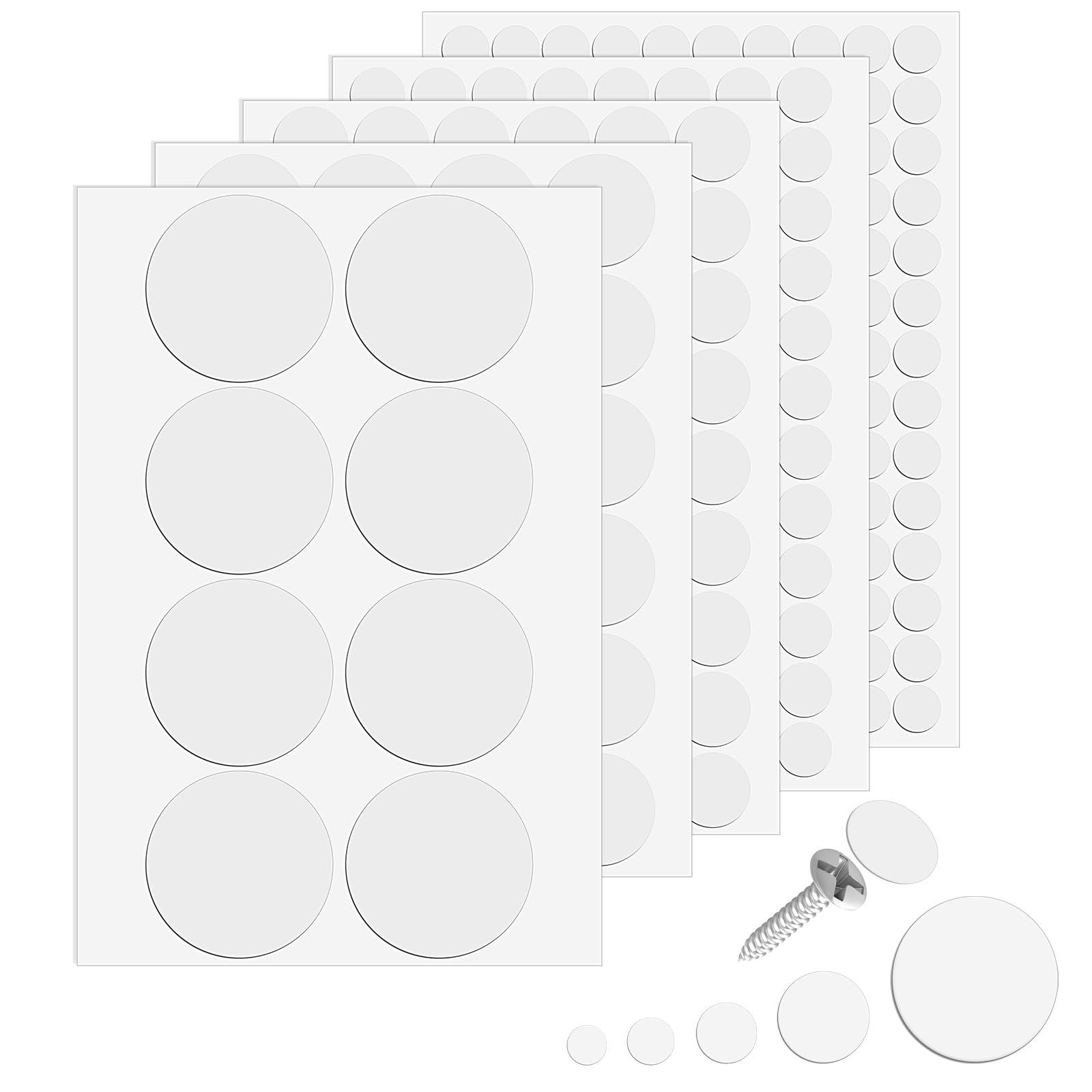 Ouligay 322 PCS Self-Adhesive Screw Hole Sticker, White Screw Covers Stickers, 12mm/15mm/21mm/30mm/50mm Screws Cover Stickers Dustproof Sticker for Various Furniture Cabinet, Drawers, Desks โ image 1