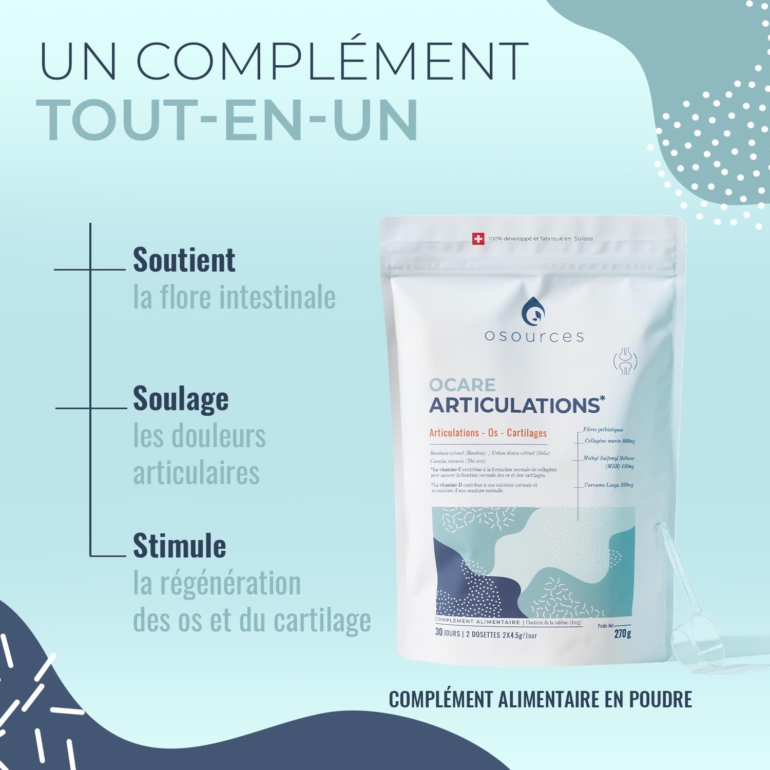 Soin des Articulations Ocare | Cure 4 Mois | Complément Alimentaire Premium | Collagène, MSM, Curcumine, Bambou, Ortie, Vit B & C | Mobilité, Souplesse & Confort Articulaire | Fabriqué en Suisse