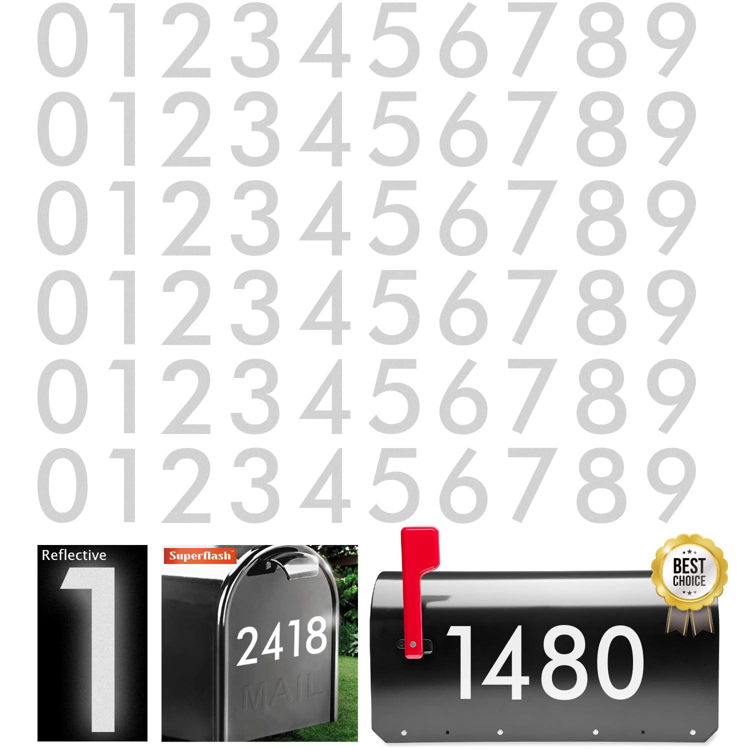 4 inch Reflective Mailbox Numbers for Outside Sticker, Modern Mailbox Number (0-9, 6 Sets) Premium Decal Die Cut and Pre-Spaced - for House, Trash