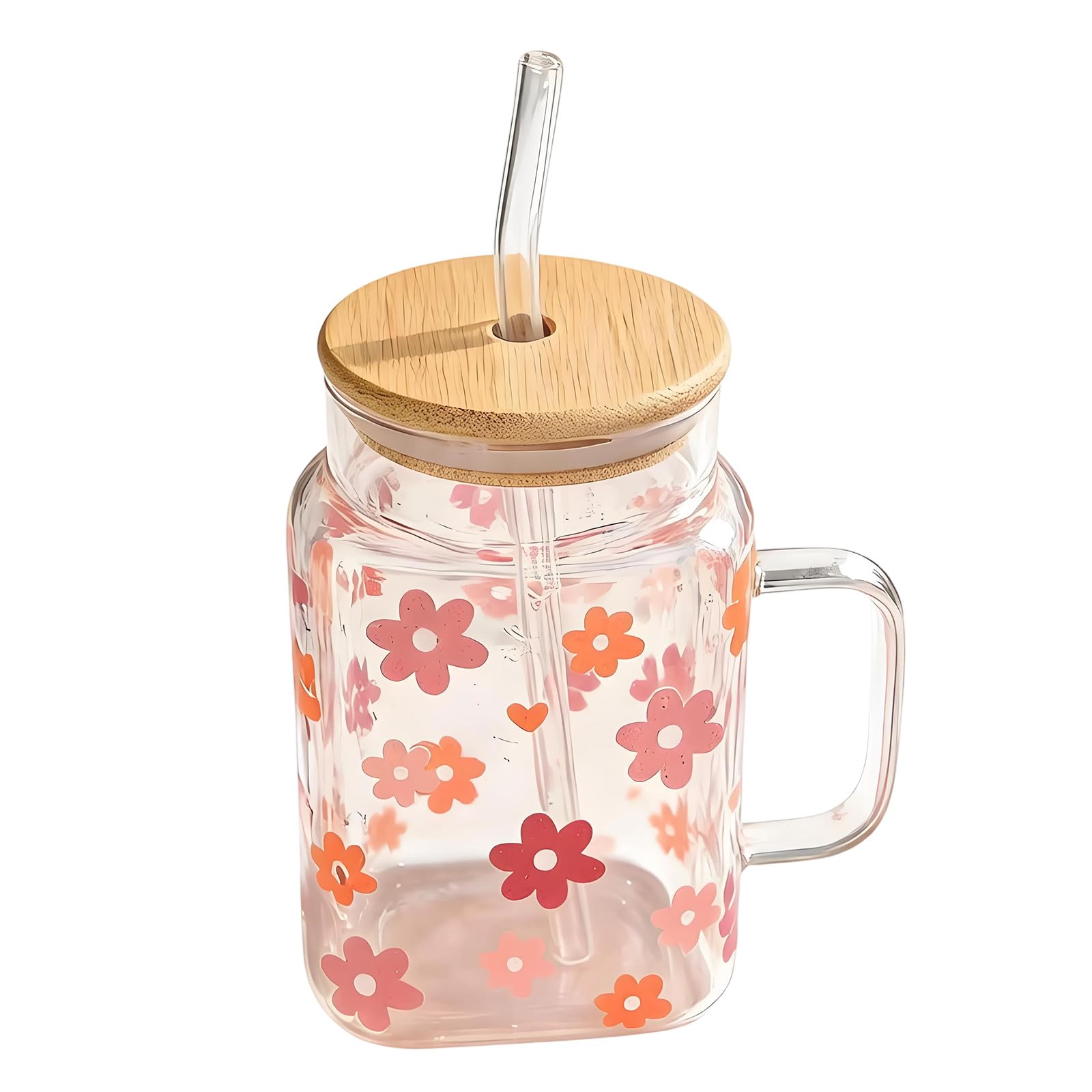 ZEPFJHE Drinking Glasses Cup with Comfortable Handle and Wooden Cover Straw Clear Drinkware Tumblers Mug Birthday Gift Square Glass Straw Cup