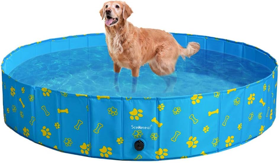 SCENEREAL Dog Swimming Pool - Large Foldable Pet Pool Bathing Tub with Paw Printing Outdoor Bathtub Collapsible for Small Medium Large…