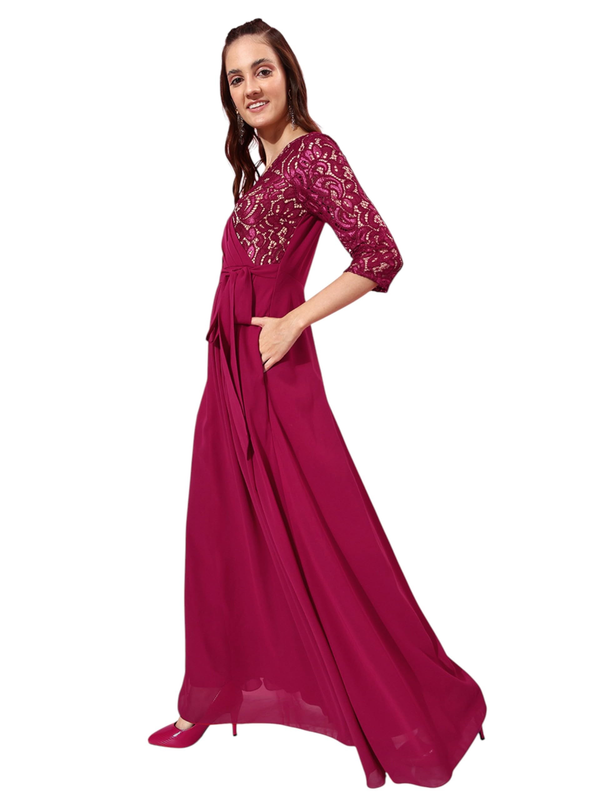 Miss Chase Women's V-Neck Three-Quarter Sleeve Self-Designed Wrap Maxi Dress (MCSS25D91-85-622-04, Deep Pink, M)