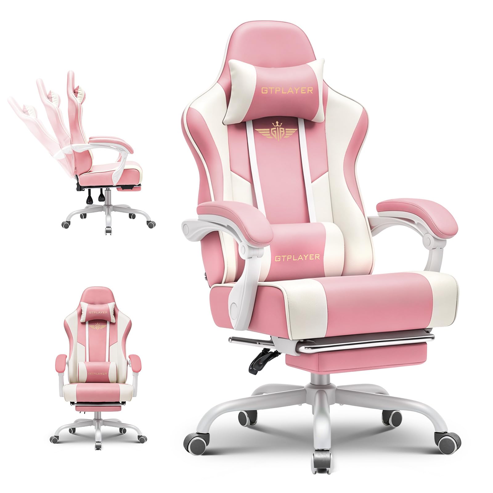 GTPLAYER Sedia da gaming, ergonomica, con poggiapiedi, poggiatesta e supporto lombare, regolabile in altezza, imbottita, 180 kg