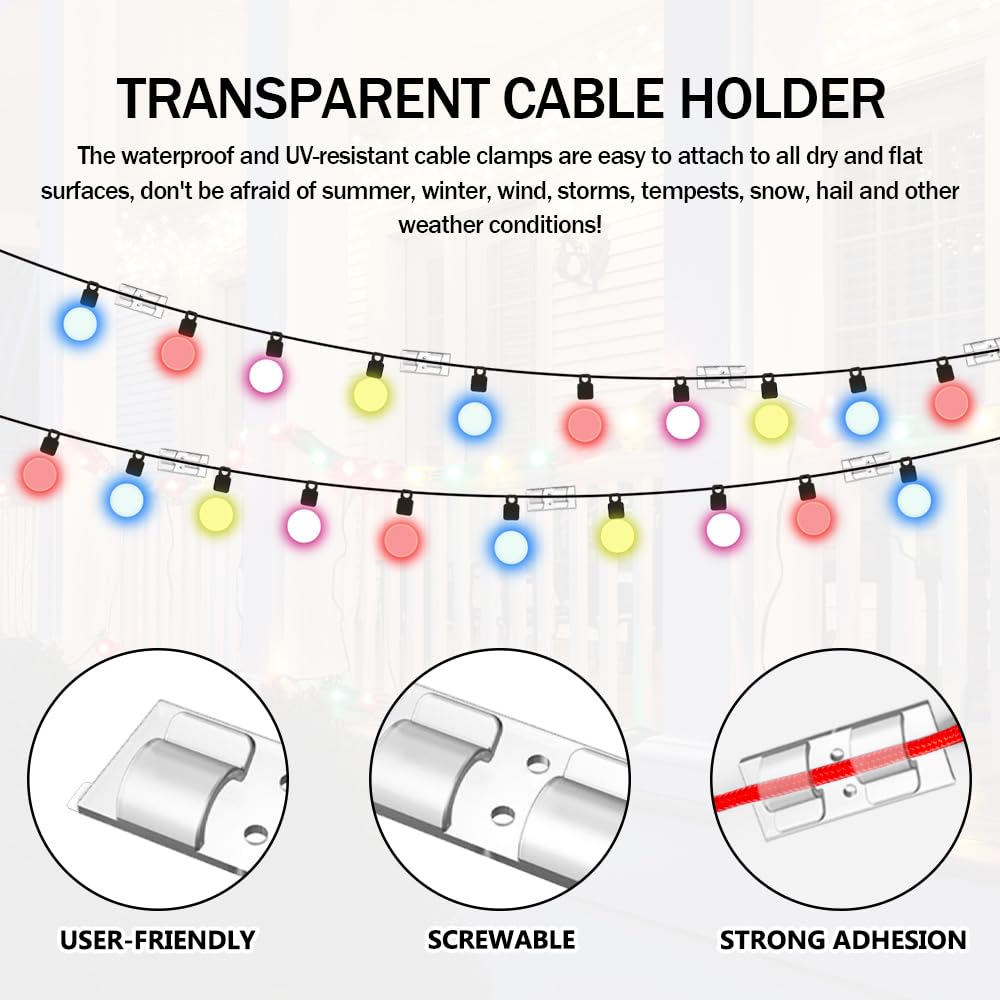 50 Piezas Ganchos para Luces de Interior y Exterior Clips para Cables Adhesivos Transparentes Organizador de Cable Autoadhesivo para Luces de Cadena al Aire Libre
