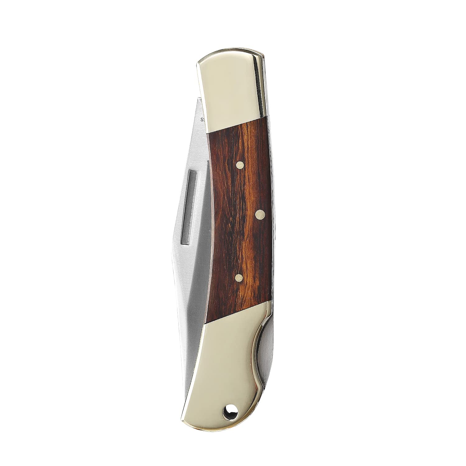 SENBON couteau pliant à verrouillage arrière 3.3in 440a couteau extérieur tranchant sable fer bois manche en cuivre avec gaine en cuir