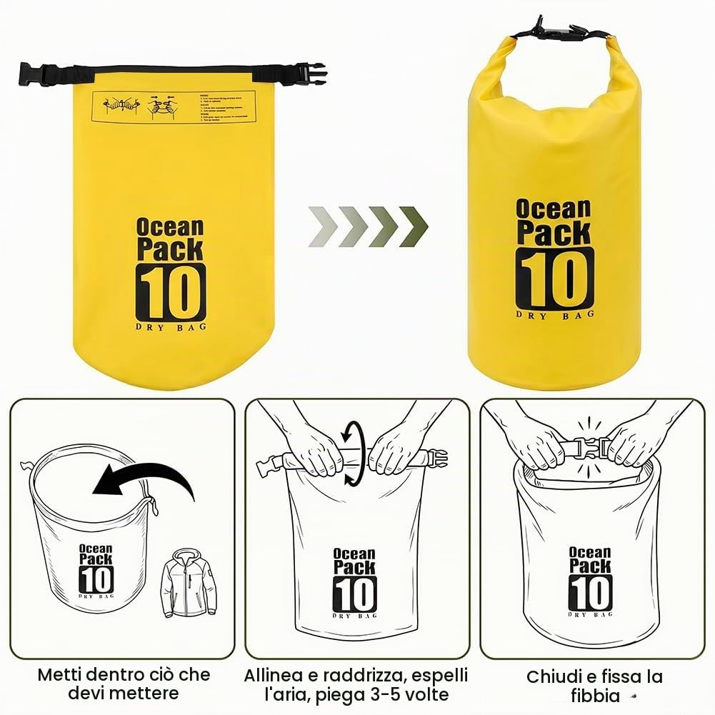 URAQT Borsa Impermeabile, Zaino Impermeabile da 5L 10L 20L, Bag Sacco Impermeabile con Tracolla Regolabile, Chiusura a Rotolo, per Sport Acquatici, Kayak, Barca, Rafting, Nuoto, Campeggio(Giallo,10L)