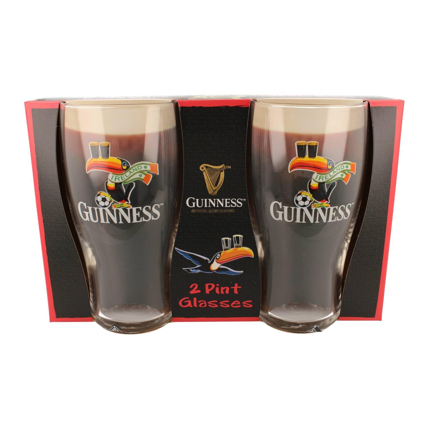 Guinness Official Pint Glass Gift Set – Twin Football Toucan Design – Set of 2 Pint Glasses