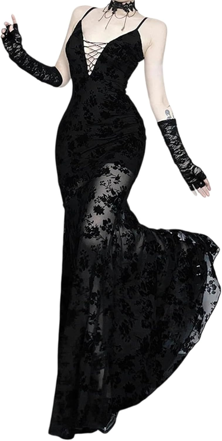 Women Witchy Cami Deep V Neck Long Maxi Dress - Goth See Through Floral Open Back Medieval, Business Vacation