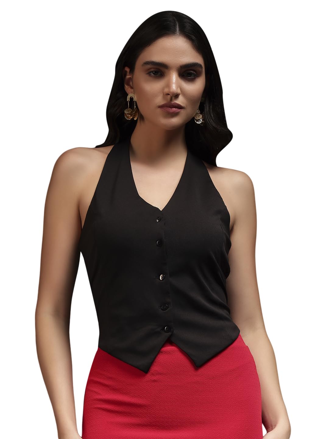 trend arrest.ed Women's Halter Neck Waistcoat Top | Button Front Open Back Vest | Fitted Crop Tank-picture-26