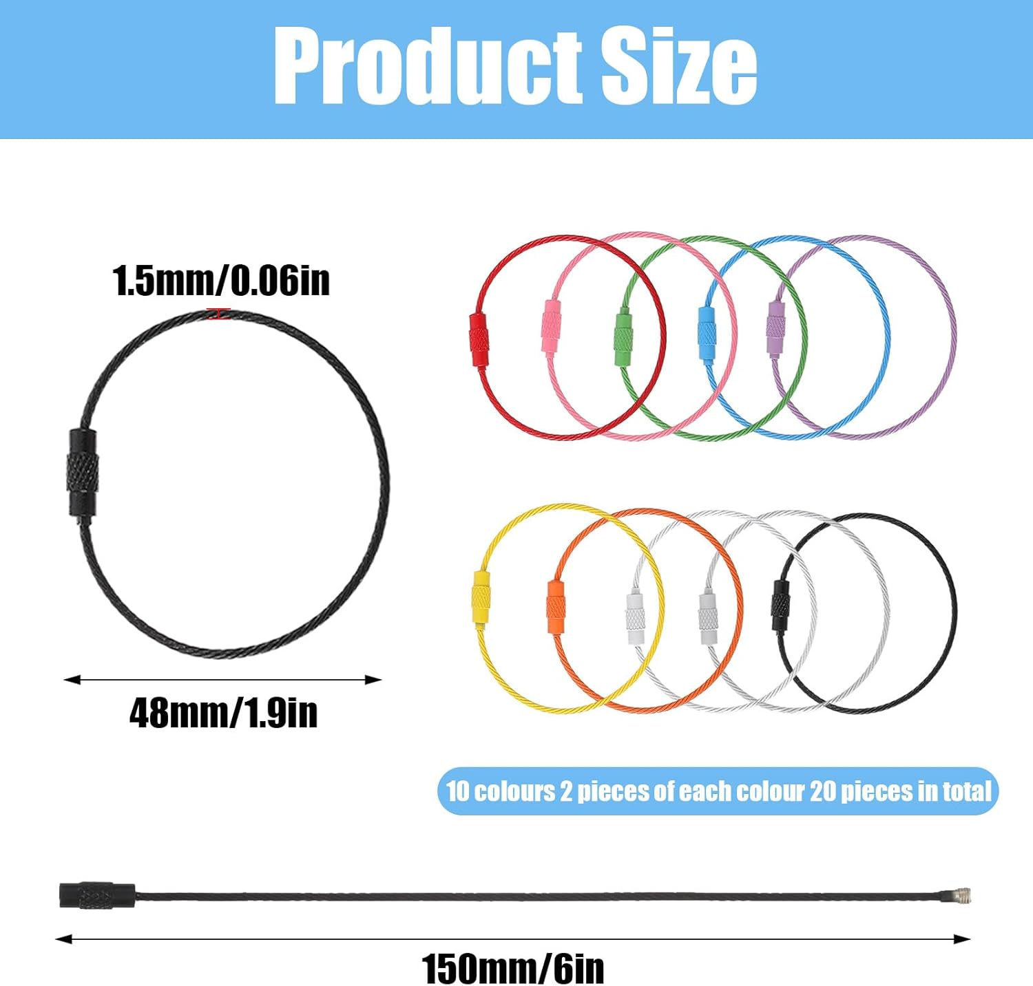 Wire Key Ring, 20 Pcs Metal-Wire Keychains 1.5mm Stainless Steel Wire Keychain 6inch Colored Coated Keychain Cable Loops Connecter for Keyrings, Luggage Tags, Key Tags, Kitchen Utensils - Image 4
