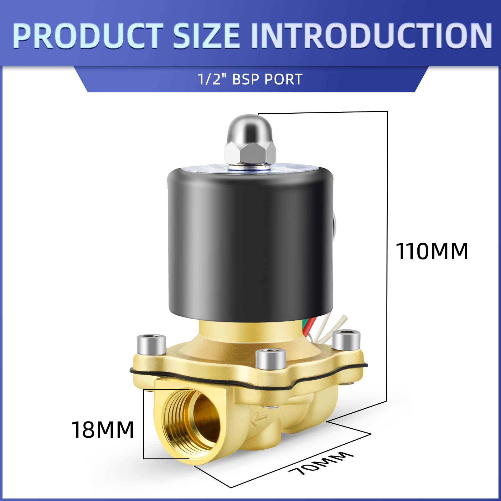 Elettrovalvola elettrica in ottone da 1/2" BSP 220V con connettore a resca, adatta per acqua, aria, carburante, gas chiusa
