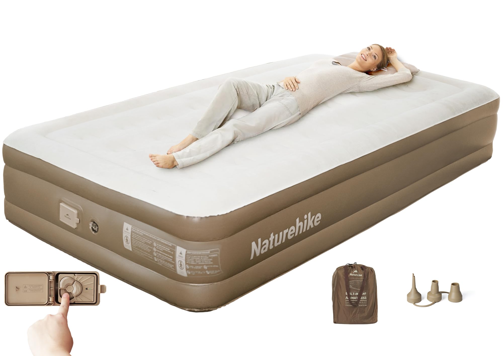 Naturehike Colchón Hinchable 1 Persona con Bomba Integrada Recargable - 190x100x38cm Cama Hinchable para Camping y Casa - Colchón Inflable Portátil y Resistente