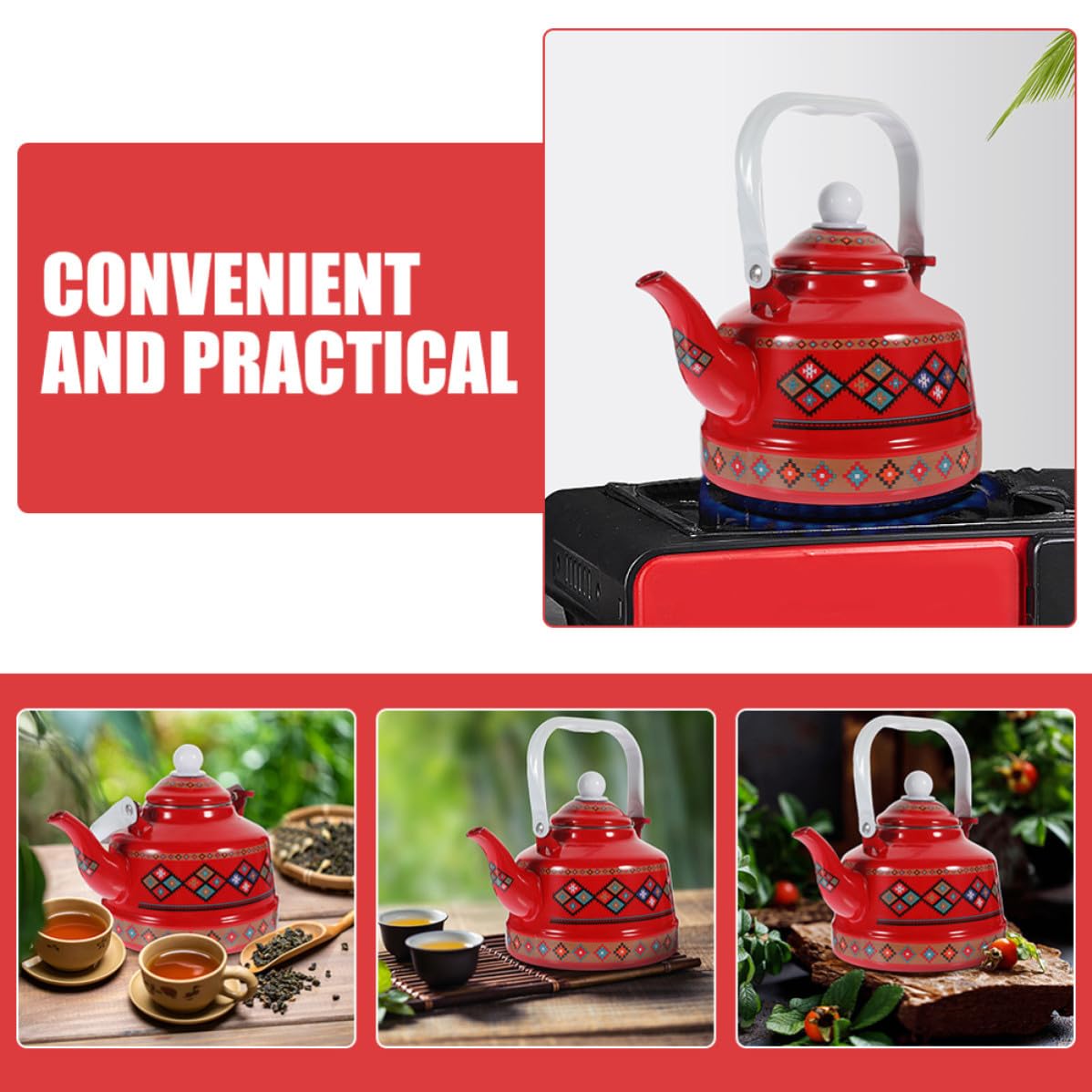 LALAFINA Vintage Emaille Teekessel 2,5l Rot mit Griff Hitzebeständig und Leicht zu Reinigen für Camping und Herdplatten Geeignet