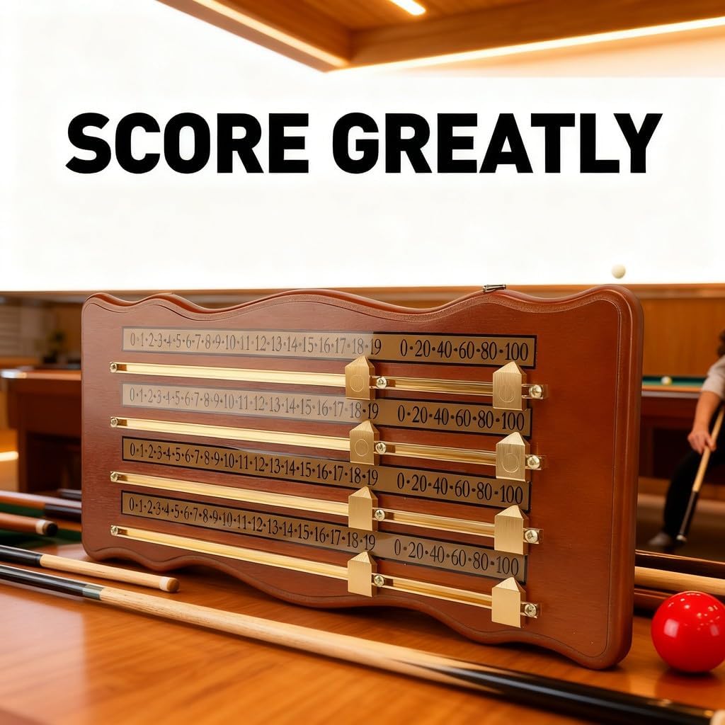 Wood Billiards Scoreboard 4 Track Scoreboard Brown, High Density Wood, Aluminum Alloy - Durable Construction, Easy Installation, Ideal for Pool and Shuffleboard Games