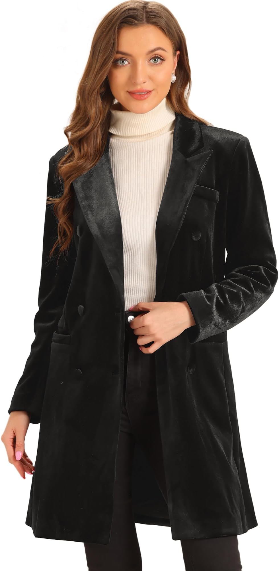 Allegra KVelvet Coat for Women's Lapel Double-Breasted Long Outerwear Winter Coats