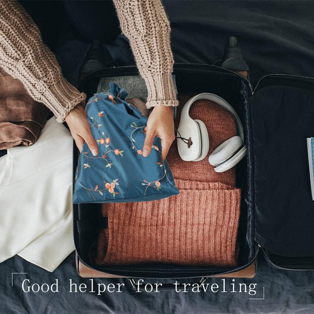 Embroidery Silk Flower Shoe Bag 4Pcs Drawstring Silk Travel Bag Jacquard Underwear Bags Washable Big Sachet Bag Storage Bags for Men Women - Image 5