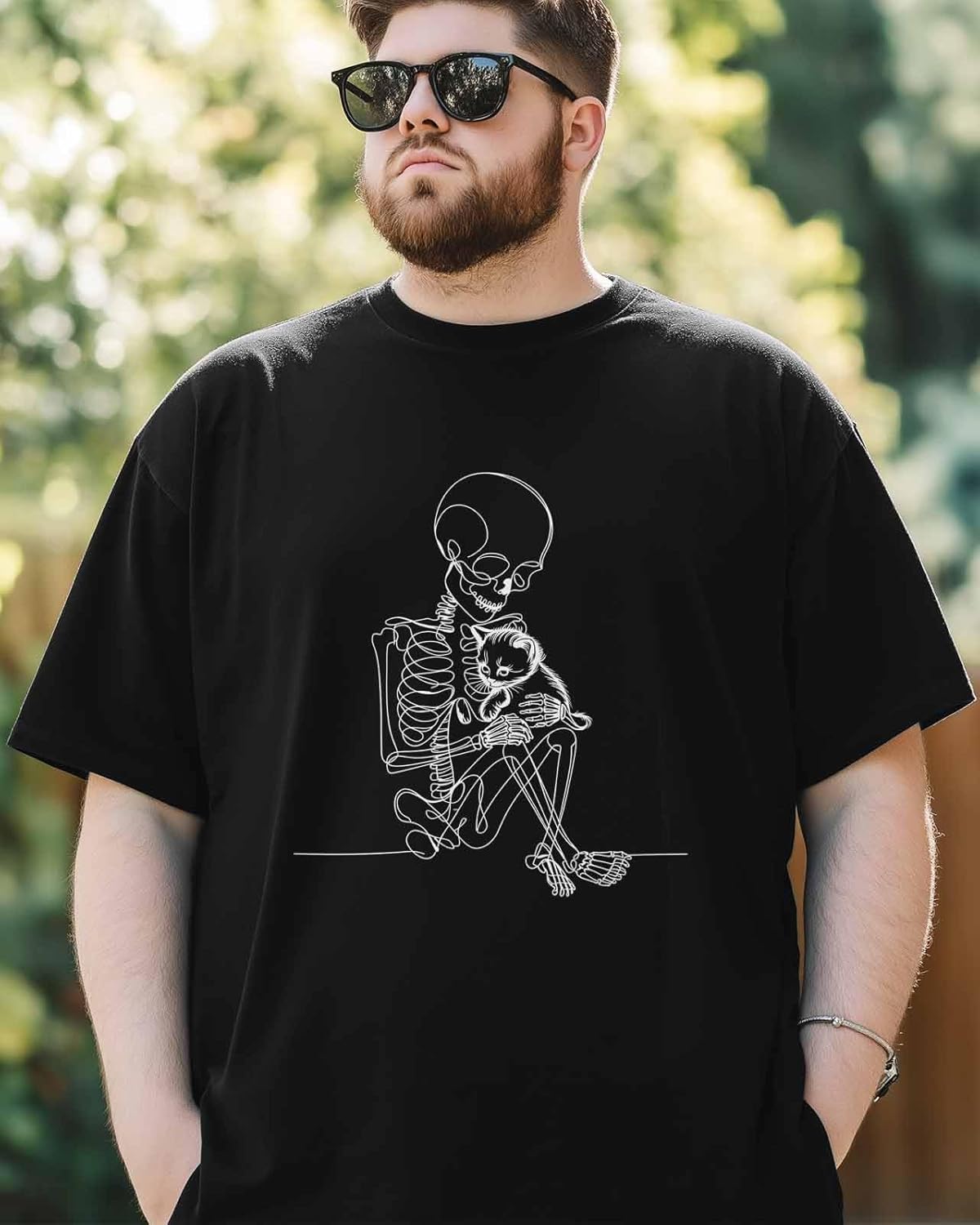 Men's T-Shirt Skeleton Hug Cat Graphic Tees Cotton Short-Sleeve Casual Tops - Image 5