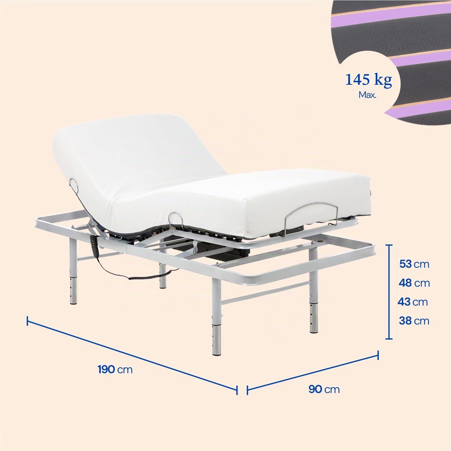 Geriafy – Pack Lit Électrique Renforcé avec Matelas Viscoélastique de 20 cm Tencel | Tissu Frais et Doux | Pieds Réglables en Hauteur (90x190 cm, Contrôle par câble)