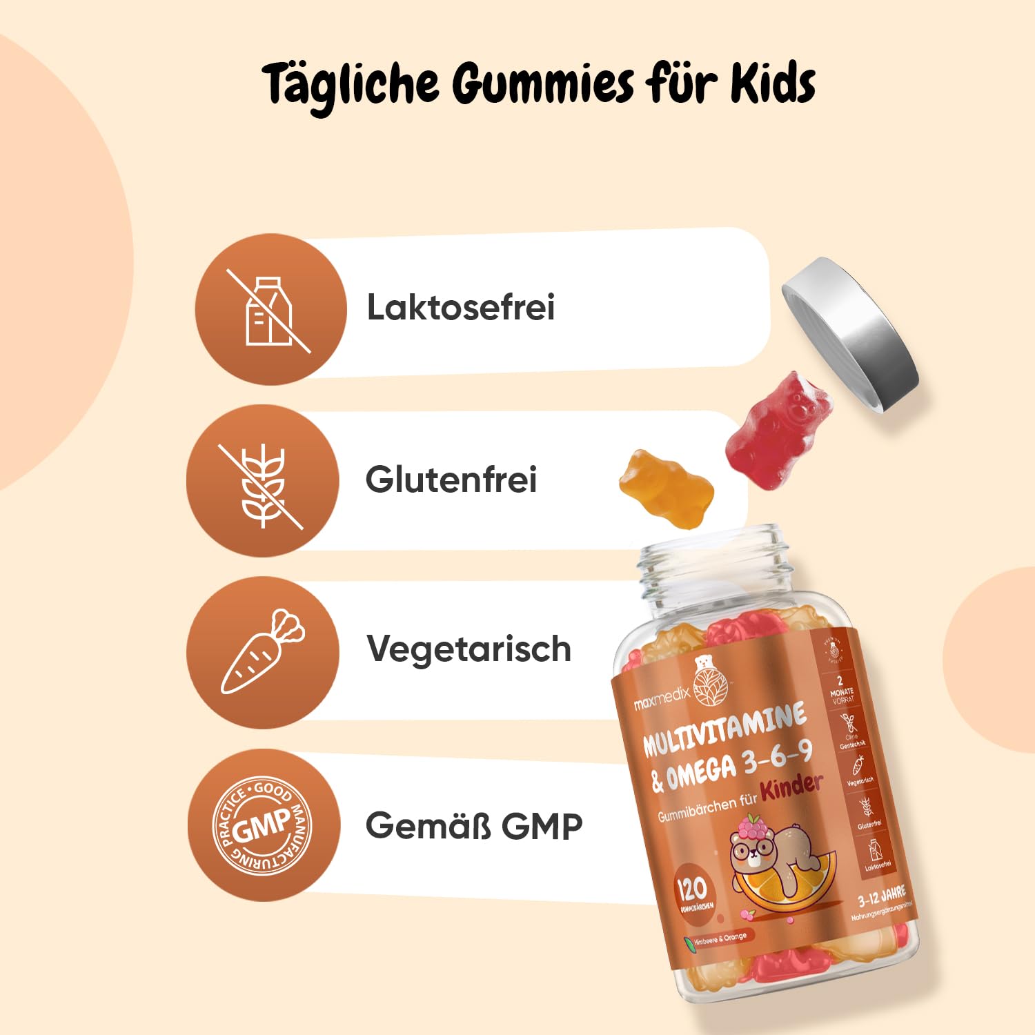 Multivitamin Gummibärchen für Kinder - Mit Omega 3 6 9, Vitamin C - 120 Multivitamin Kinder Gummies - Vitamin D3, B7, B12, E, B1, B2, B3, B5, B9 Jod, Zink - Mit Himbeer & Orangengeschmack - maxmedix