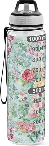 Miniatura 2 de JUNZAN Water Bottle with Straw Water Intake Watercolor Teal Flowers Water Bottles with Straw for Women Men botellas para agua 32 OZ