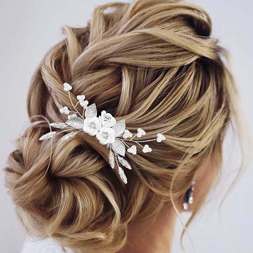 Miniatura 2 de Latious Peine de pelo de boda de flores pinzas de pelo de novia de plata accesorios para el cabello de perlas para novias y mujeres (plata)