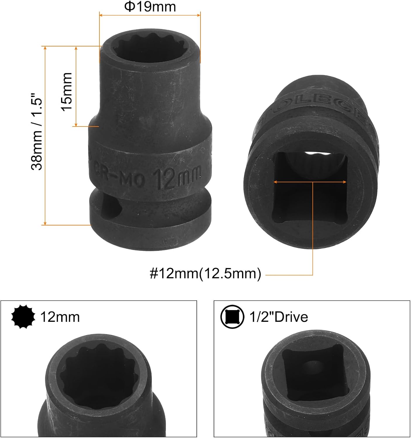 uxcell 1/2" Drive x 12mm Shallow Impact Socket 12-Point Metric CR-MO Steel Nut Impact Grade Socket for Auto Repair