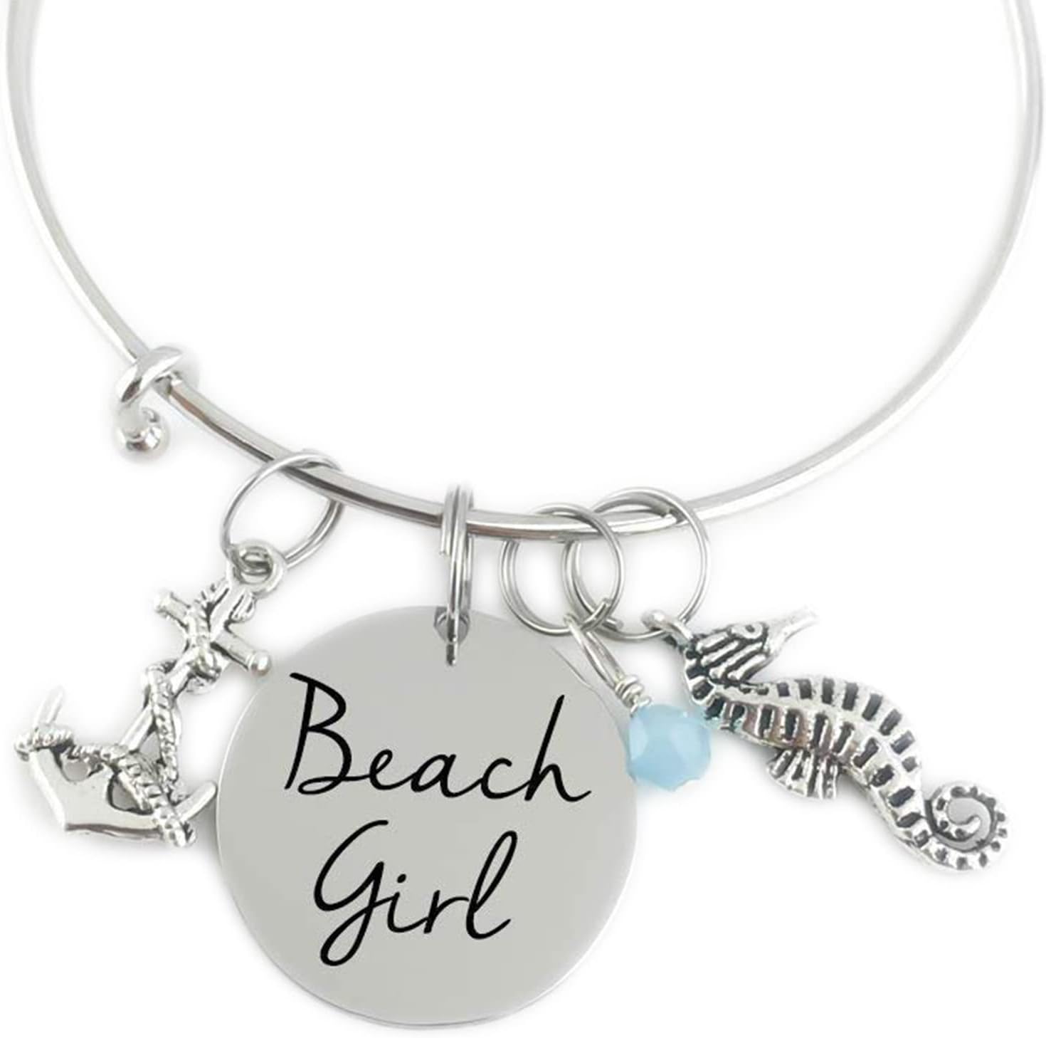 Personalized Bangle - Beach Girl - Anchor, Seahorse and Crystal - Custom Jewelry
