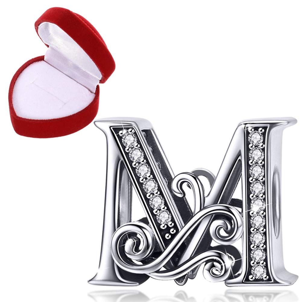 Mialang 925 Sterling Silver Letter Initial Charms A-Z Alphabet Charm Letter Beads for Snake Chain Bracelet Necklace Jewelry Making(Letter M)
